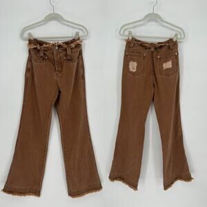 Nuth Brown Flare Jeans Women’s M Distressed Pockets Raw Hem High Rise Y2K Boho